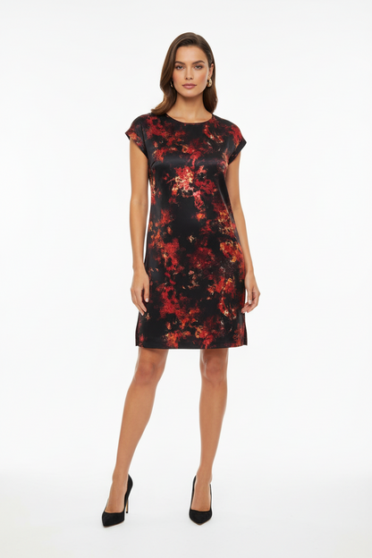 LuLaRoe Chelsea T Shirt Dress • Crêpe Moss Fabric • Step Hemline • Black and Red Tie Dye