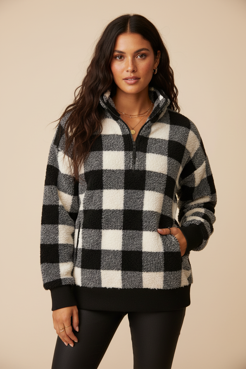 LuLaRoe Nancy Half Zip Pullover with Side Pockets • White Black Plaid