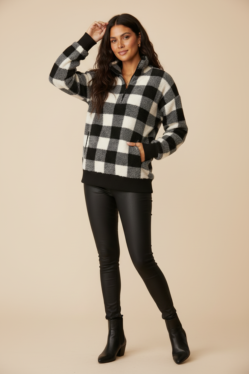 LuLaRoe Nancy Half Zip Pullover with Side Pockets • White Black Plaid