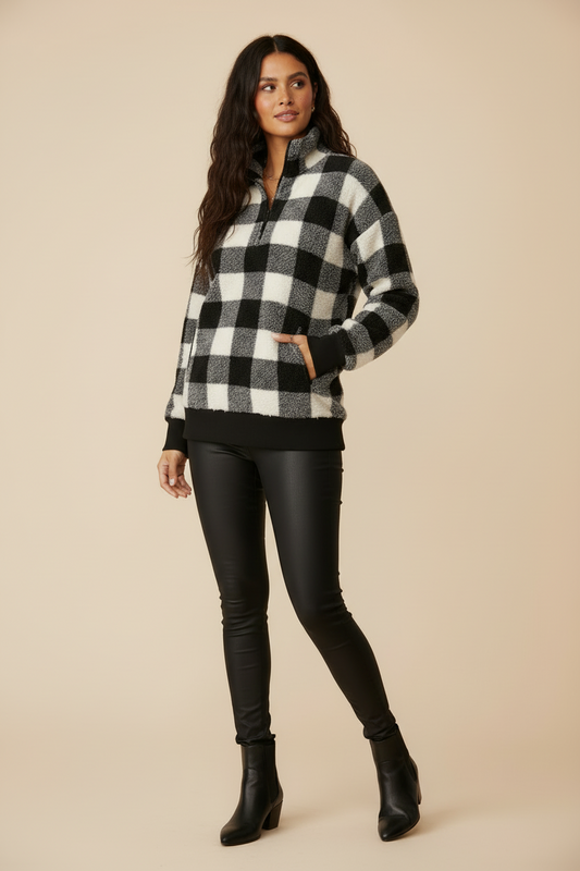 LuLaRoe Nancy Half Zip Pullover with Side Pockets • White Black Plaid