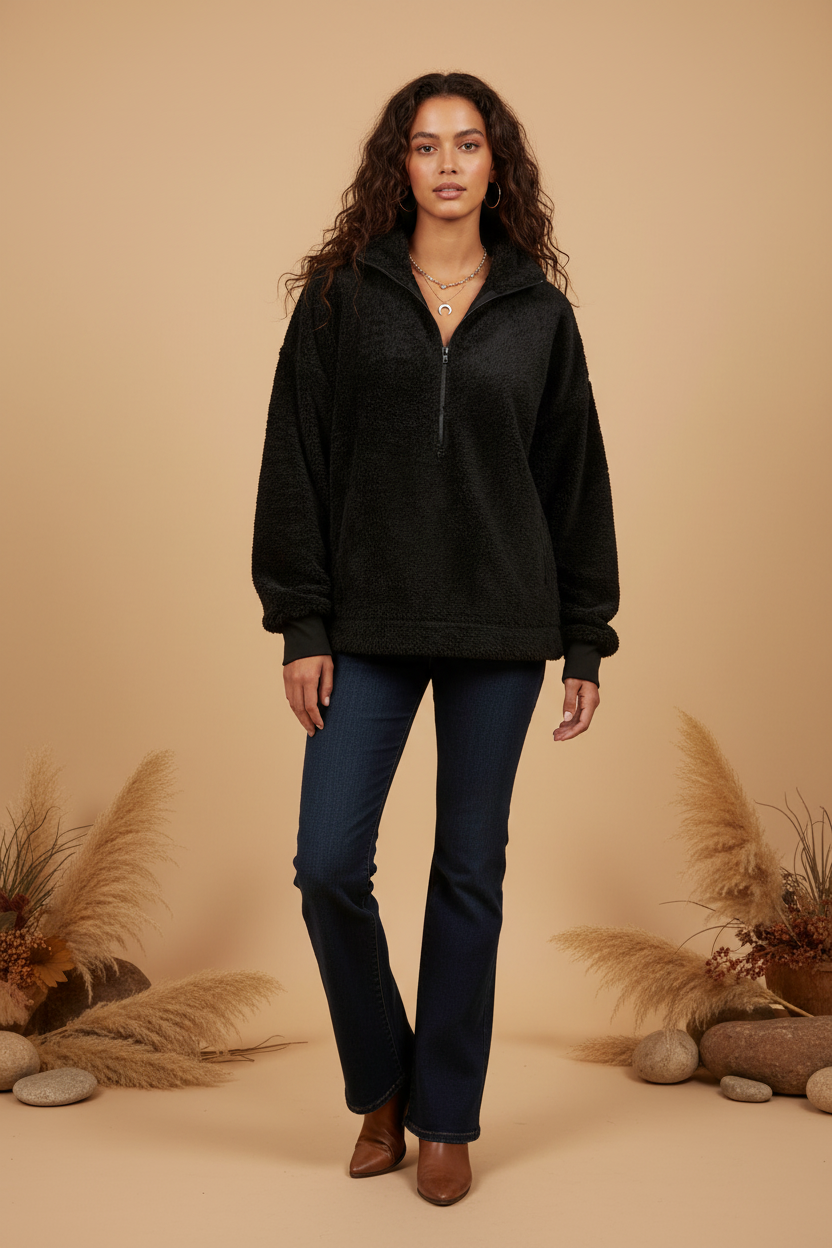 LuLaRoe Nancy Half Zip Pullover with Side Pockets • Solid Black