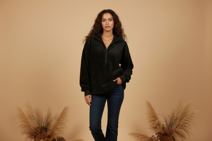 LuLaRoe Nancy Half Zip Pullover with Side Pockets • Solid Black