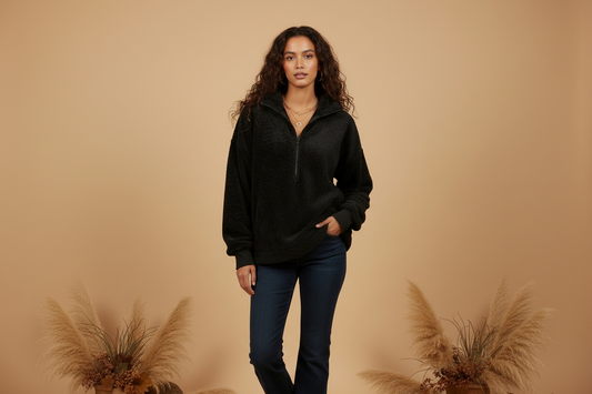 LuLaRoe Nancy Half Zip Pullover with Side Pockets • Solid Black