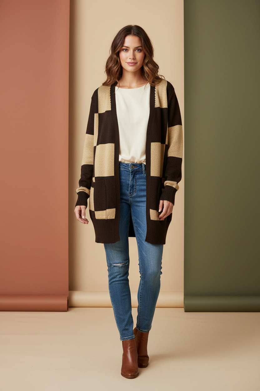 LuLaRoe Peyton • Open Front Cardigan • Boho Style • Tan Brown Check