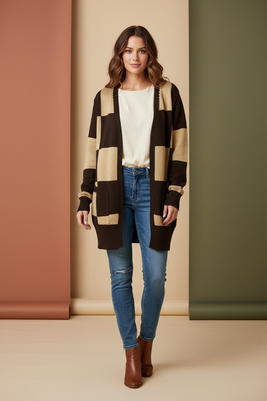 LuLaRoe Peyton • Open Front Cardigan • Boho Style • Tan Brown Check