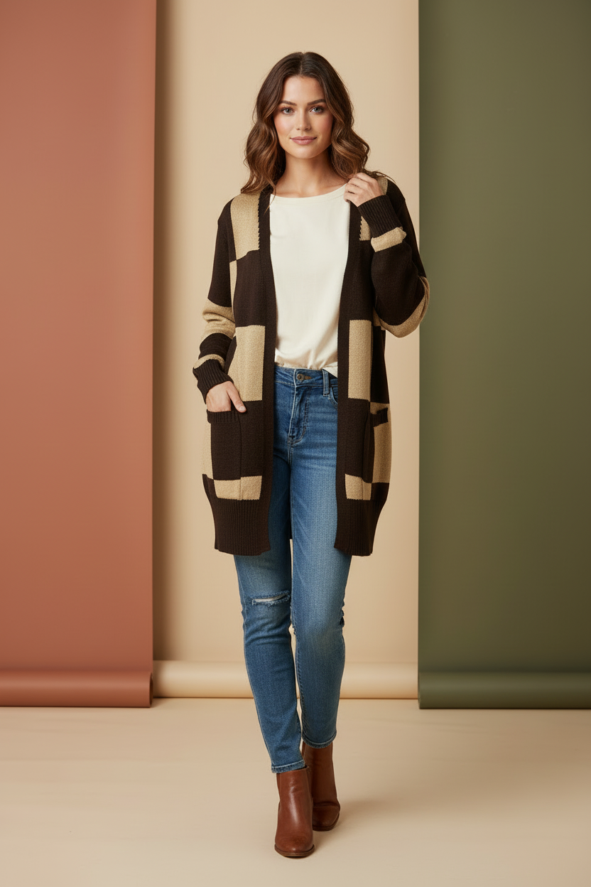 LuLaRoe Peyton • Open Front Cardigan • Boho Style • Tan Brown Check