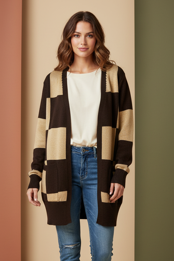 LuLaRoe Peyton • Open Front Cardigan • Boho Style • Tan Brown Check
