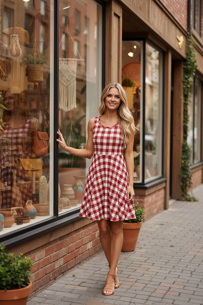LuLaRoe Nicki • A-Line • Sleeveless • Fit and Flare Dress • Red and Cream Check