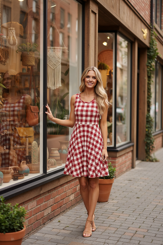 LuLaRoe Nicki • A-Line • Sleeveless • Fit and Flare Dress • Red and Cream Check