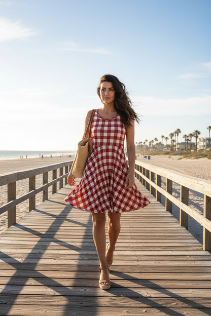 LuLaRoe Nicki • A-Line • Sleeveless • Fit and Flare Dress • Red and Cream Check