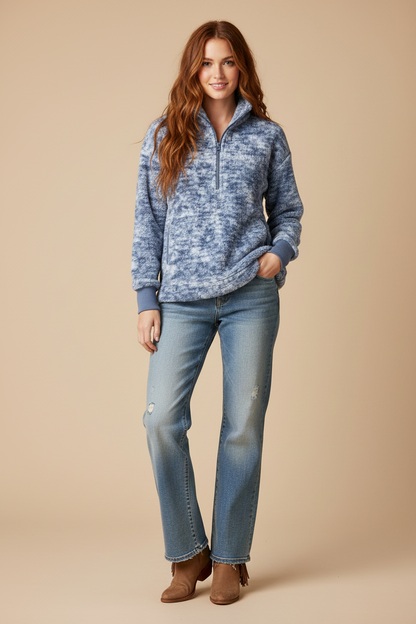 LuLaRoe Nancy Half Zip Pullover with Side Pockets • Blue White Gravel Texture