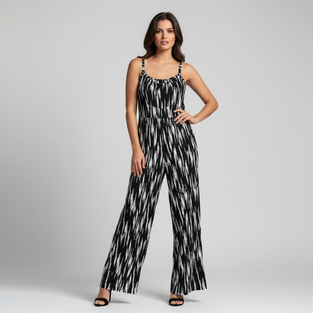 LuLaRoe Leola Wide Leg Cami Jumpsuit • Black and White Vertical Sketch