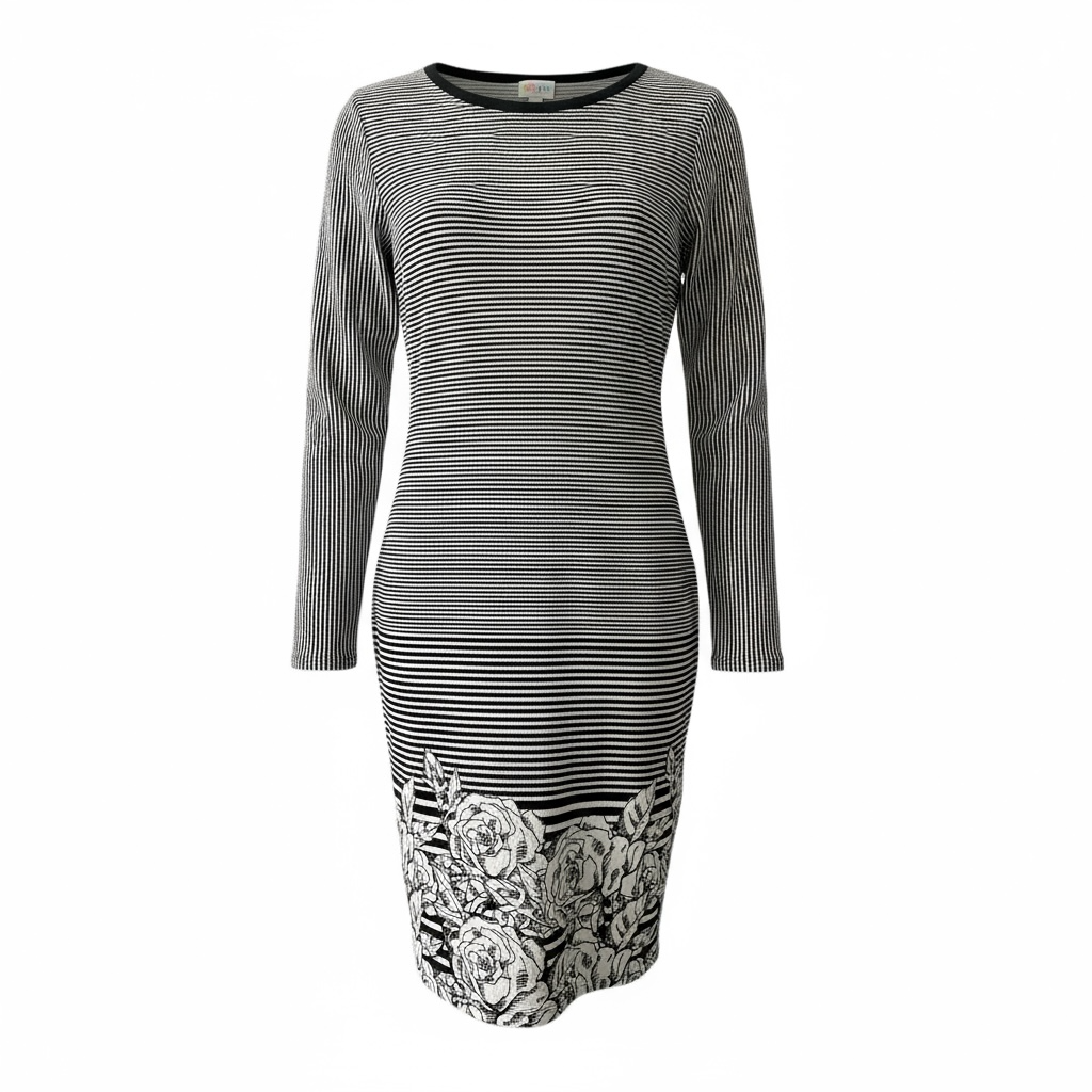 LuLaRoe Debbie Vintage Long Sleeve Sheath Dress • Dipped Black and White Roses
