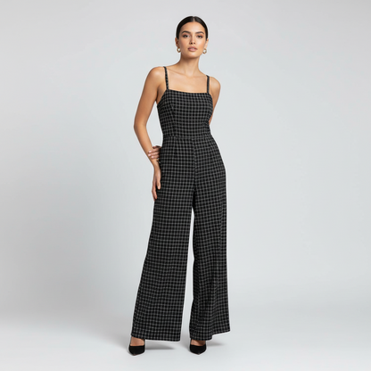 LuLaRoe Leola Wide Leg Cami Jumpsuit • Black and White Plaid