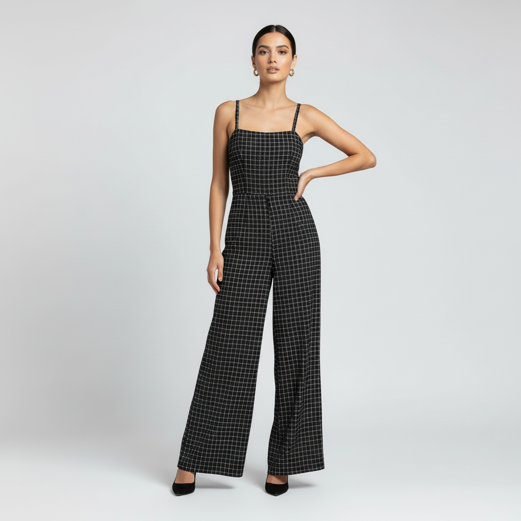 LuLaRoe Leola Wide Leg Cami Jumpsuit • Black and White Plaid