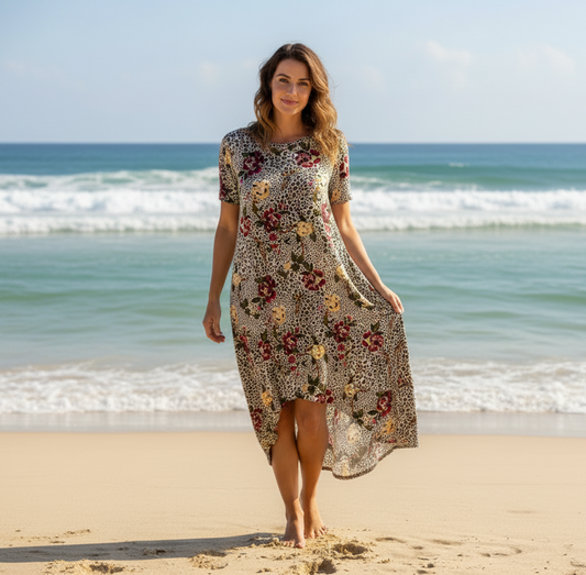 LuLaRoe Carly • High Low Hemline Swing Dress • Leopard and Floral Print