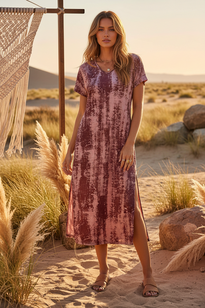 LuLaRoe Macy • Maxi Dress • Double V-Neck • Split Hem • Burgundy Grunge Texture