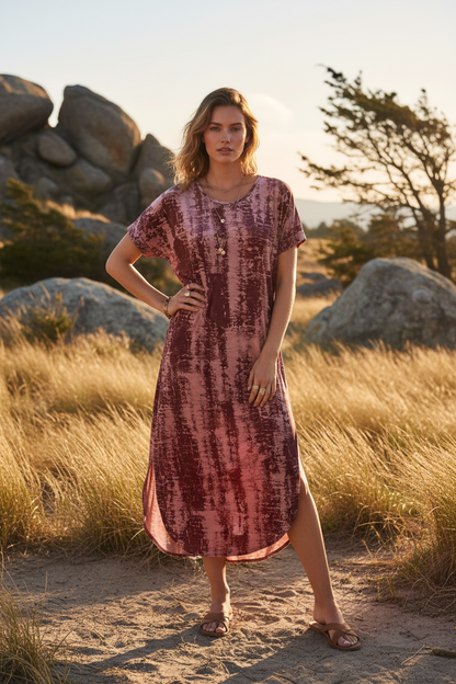 LuLaRoe Macy • Maxi Dress • Double V-Neck • Split Hem • Burgundy Grunge Texture
