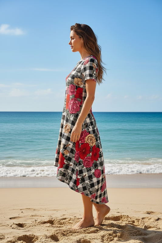 LuLaRoe Carly • High Low Hemline Swing Dress • Black White Gingham with Roses
