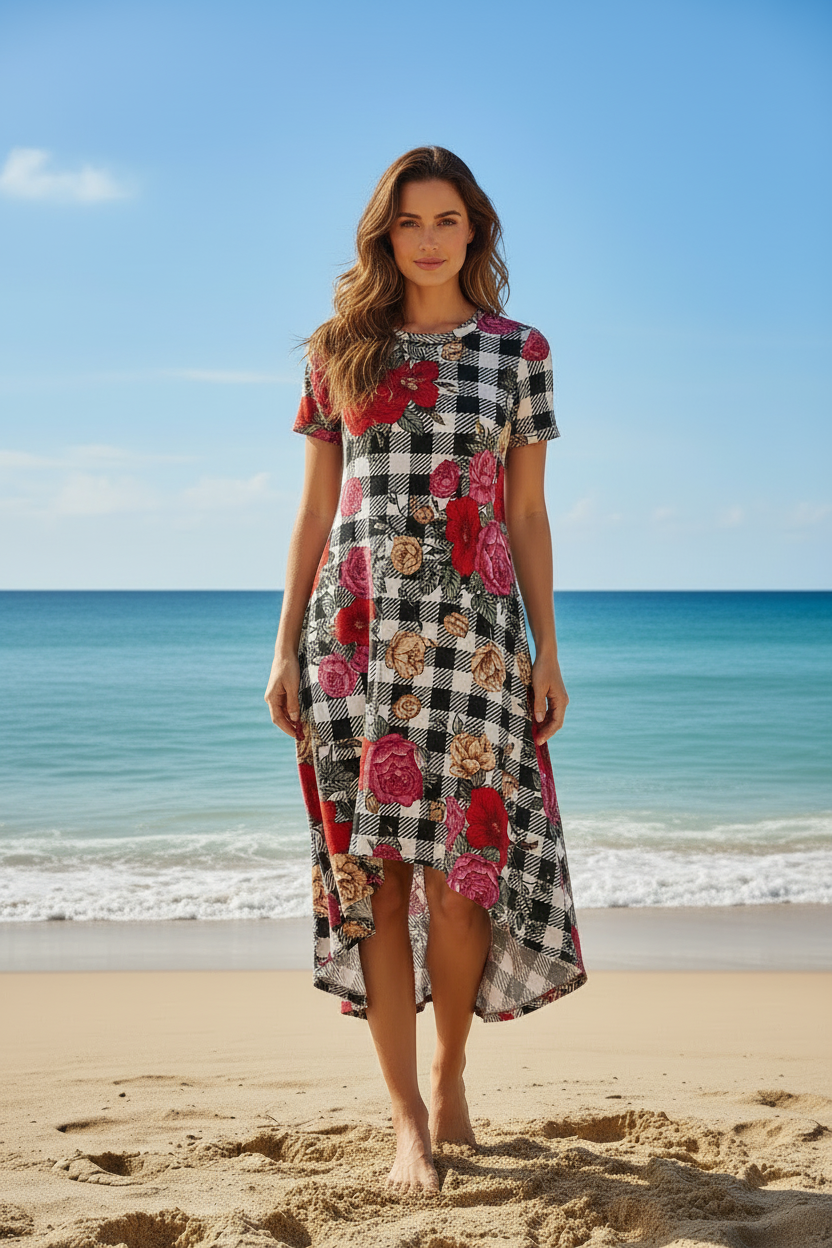 LuLaRoe Carly • High Low Hemline Swing Dress • Black White Gingham with Roses