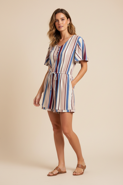 LuLaRoe Xanthe • Bell Sleeved • V-Neck Romper • Cream Mauve Blue Vertical Stripe