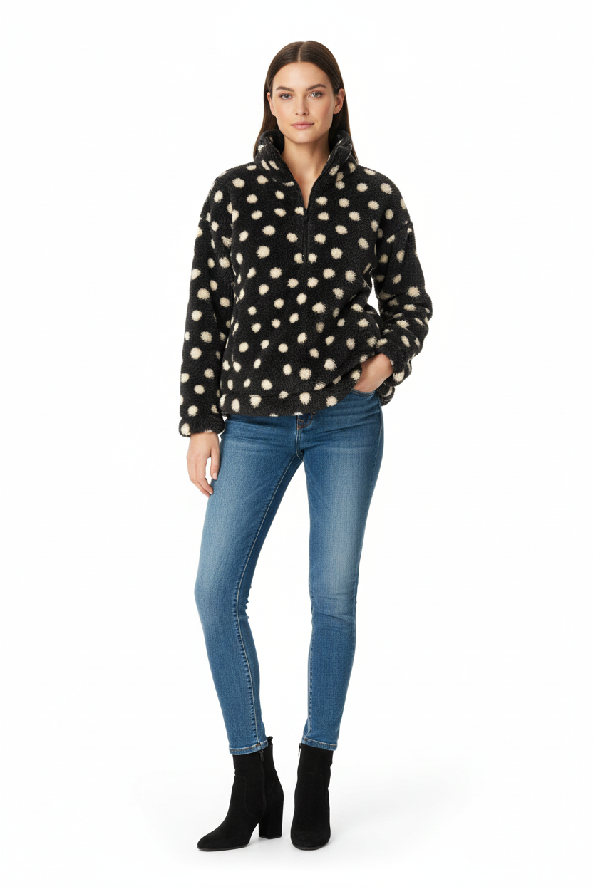 LuLaRoe Nancy Half Zip Pullover with Side Pockets • Black with Cream Dots