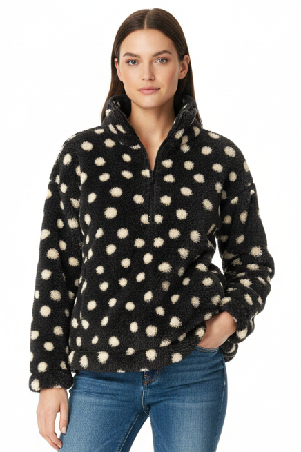 LuLaRoe Nancy Half Zip Pullover with Side Pockets • Black with Cream Dots