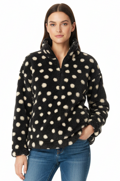 LuLaRoe Nancy Half Zip Pullover with Side Pockets • Black with Cream Dots