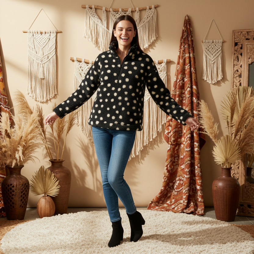 LuLaRoe Nancy Half Zip Pullover with Side Pockets • Black with Cream Dots