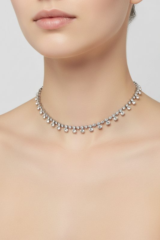 Vintage • Silver • Clear Rhinestone Crystals • Tennis Necklace