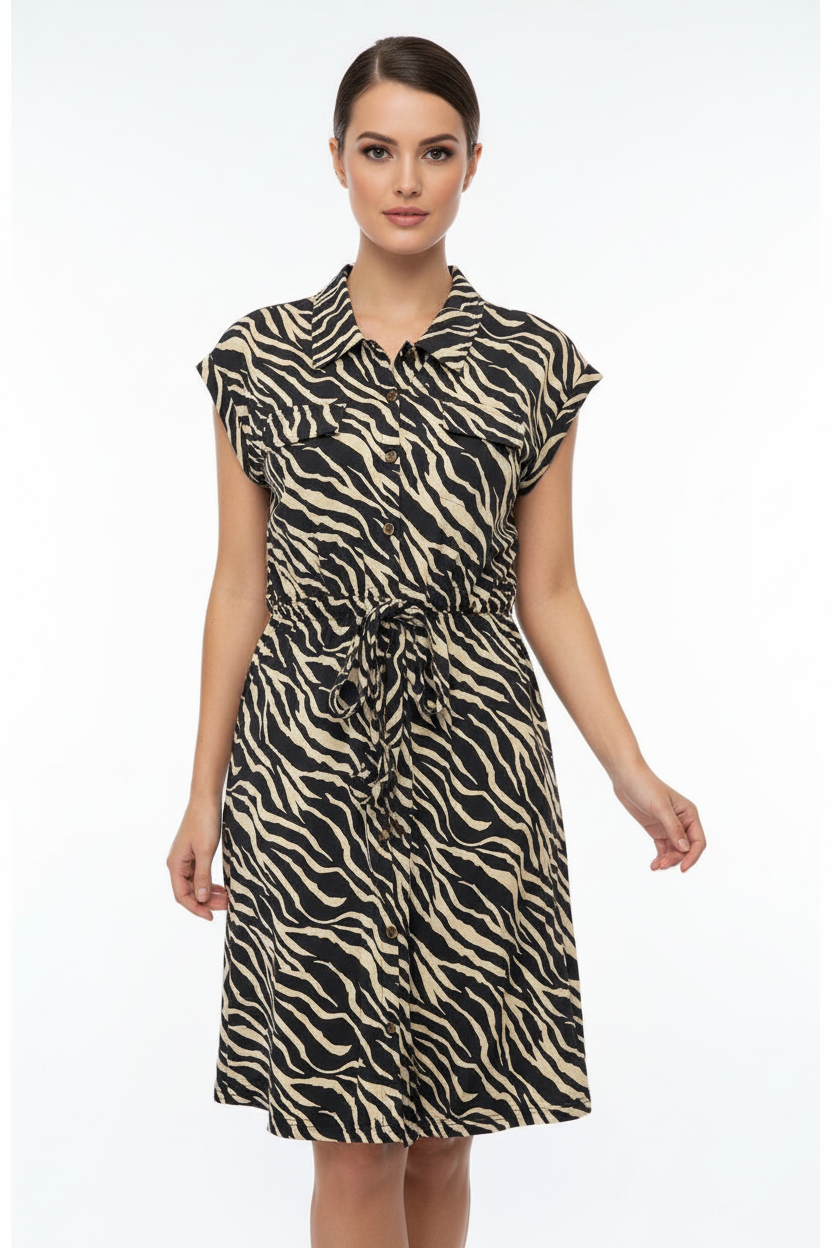 Stacie Shirt Dress - Charcoal Tan Zebra Print