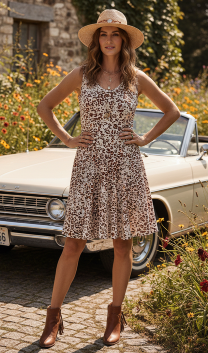 LuLaRoe Nicki • A-Line • Sleeveless • Fit and Flare Dress • White Brown Mini Cheetah Print