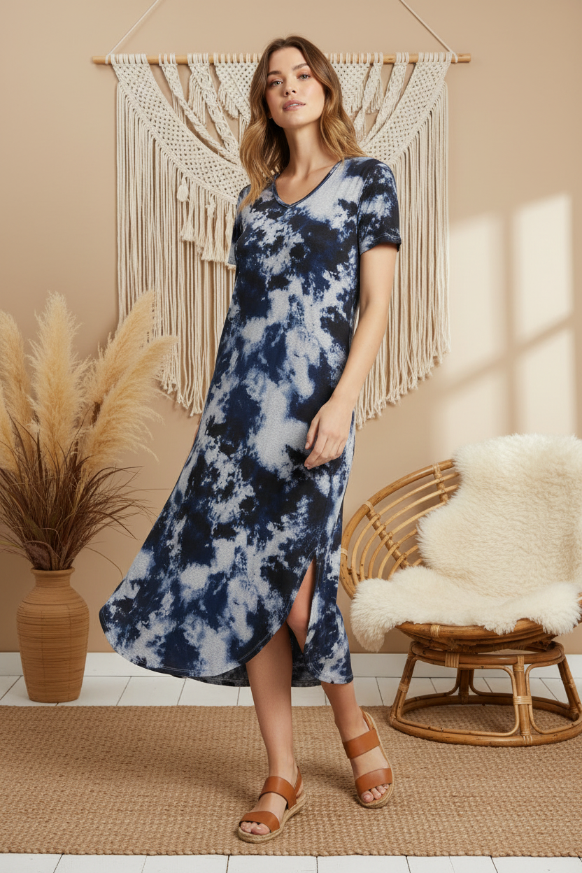 LuLaRoe Macy • Maxi Dress • Double V-Neck • Split Hem • Navy White Wash