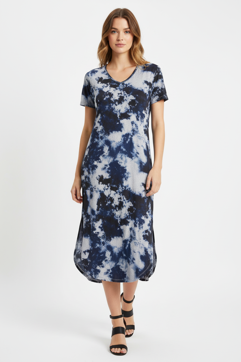 LuLaRoe Macy • Maxi Dress • Double V-Neck • Split Hem • Navy White Wash
