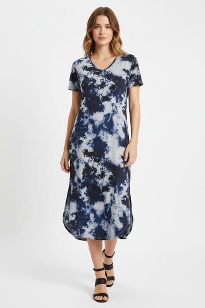 LuLaRoe Macy • Maxi Dress • Double V-Neck • Split Hem • Navy White Wash
