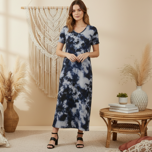 LuLaRoe Macy • Maxi Dress • Double V-Neck • Split Hem • Navy White Wash