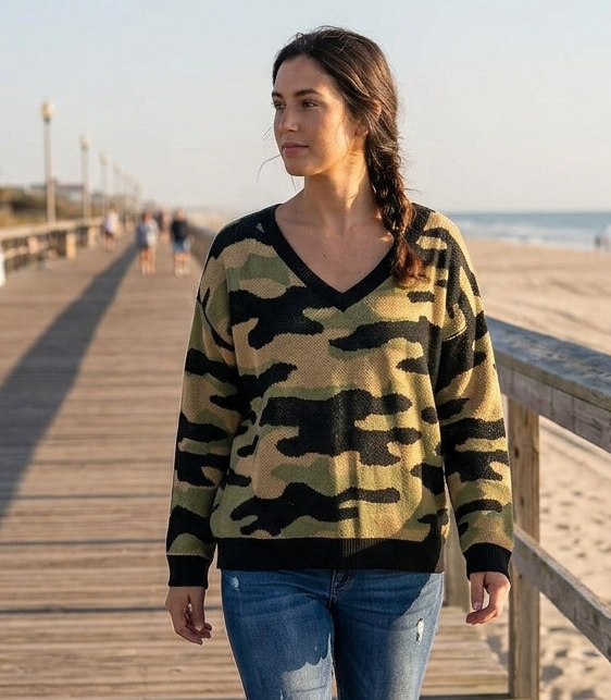 LuLaRoe Torrie V-Neck Sweater • Green Black Tan Camo