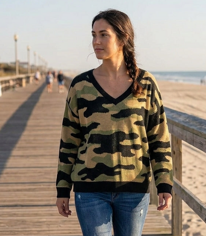 LuLaRoe Torrie V-Neck Sweater • Green Black Tan Camo