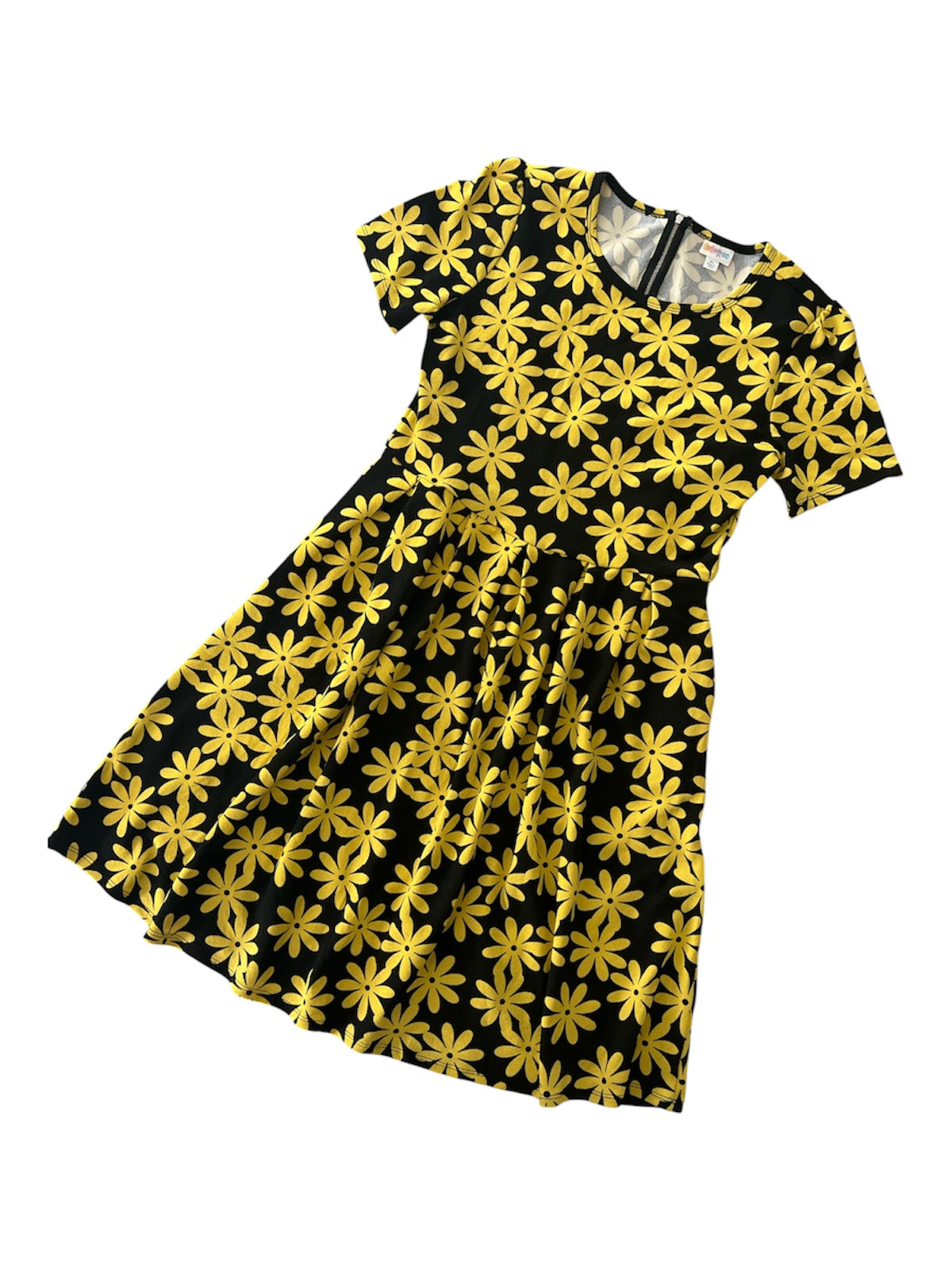 LuLaRoe • Amelia Fit-and-Flare Dress • Rare Black and Yellow Daisy Print