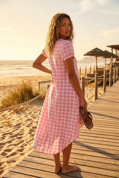 LuLaRoe Carly • High Low Hemline Swing Dress • Pink and White Check