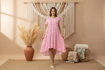 LuLaRoe Carly • High Low Hemline Swing Dress • Checkered • Pink and White