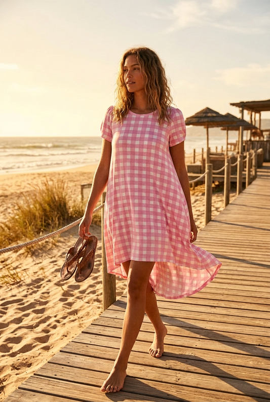 LuLaRoe Carly • High Low Hemline Swing Dress • Pink and White Check