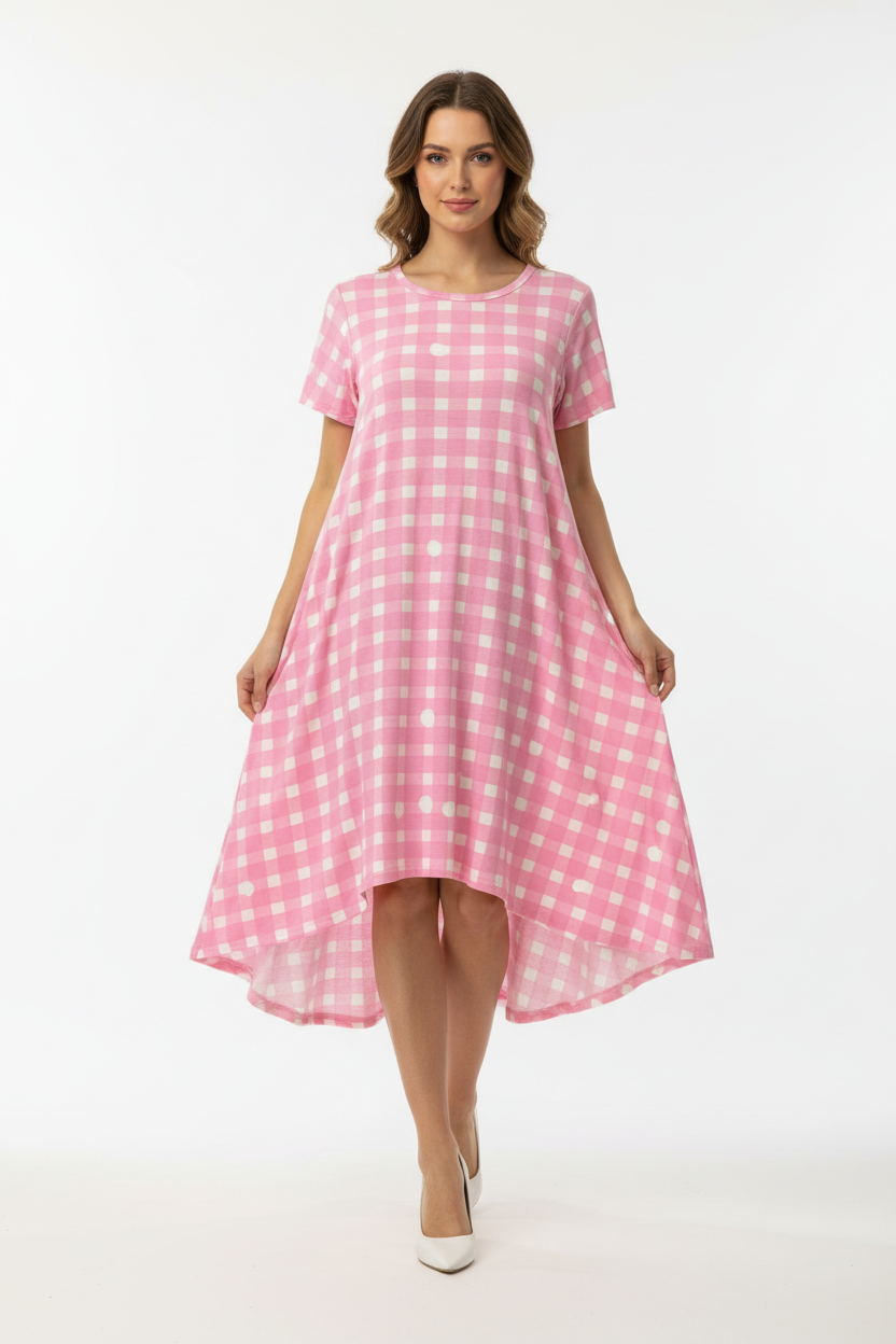 LuLaRoe Carly • High Low Hemline Swing Dress • Checkered • Pink and White