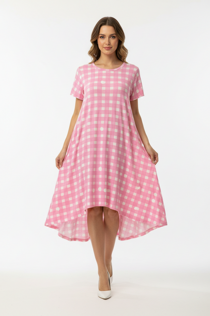 LuLaRoe Carly • High Low Hemline Swing Dress • Checkered • Pink and White