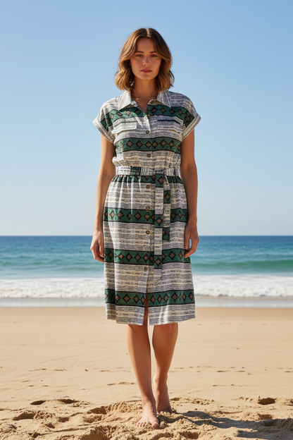 Stacie Shirt Dress - White Black Teal Aztec Stripe