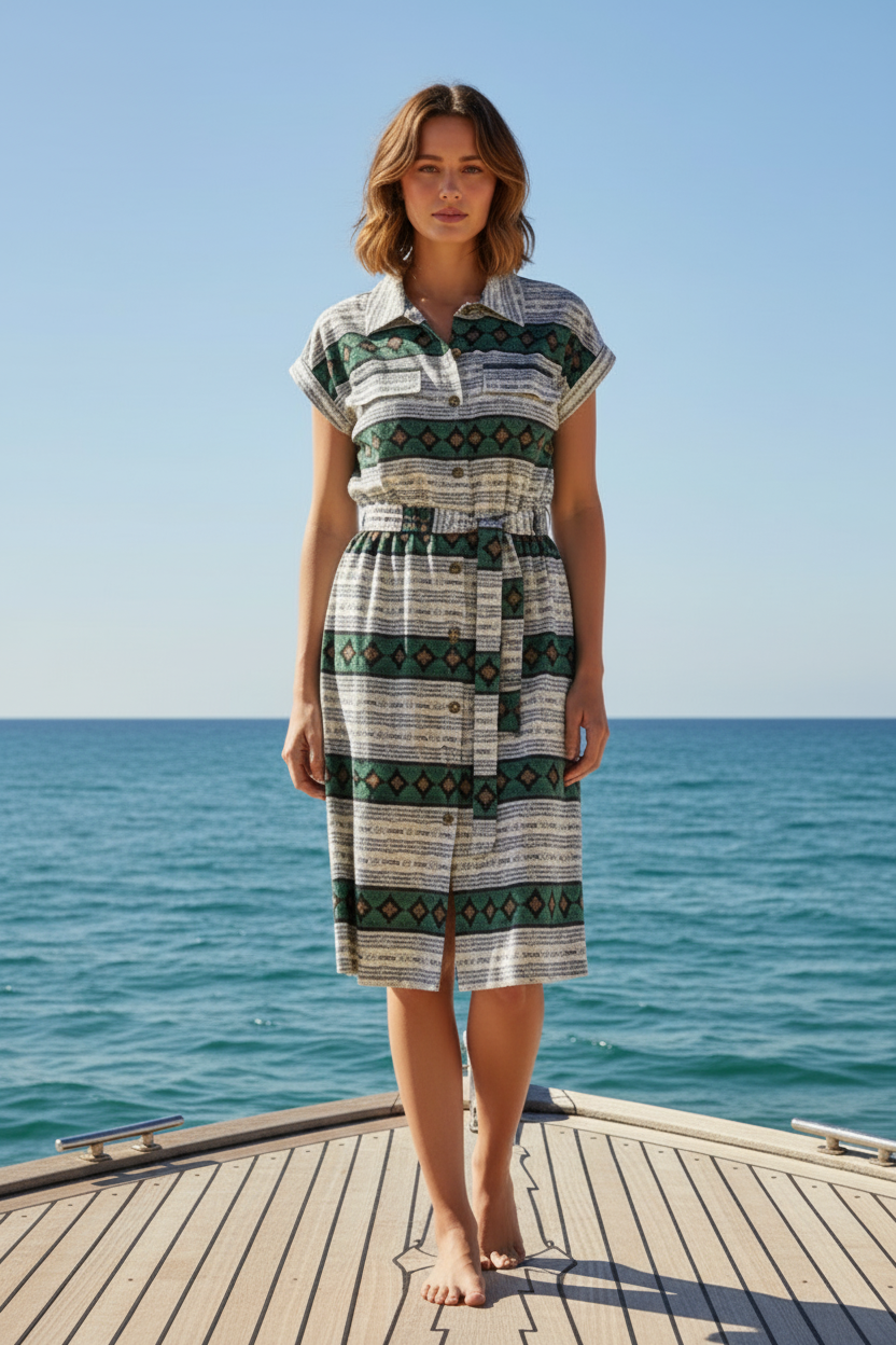 Stacie Shirt Dress - White Black Teal Aztec Stripe