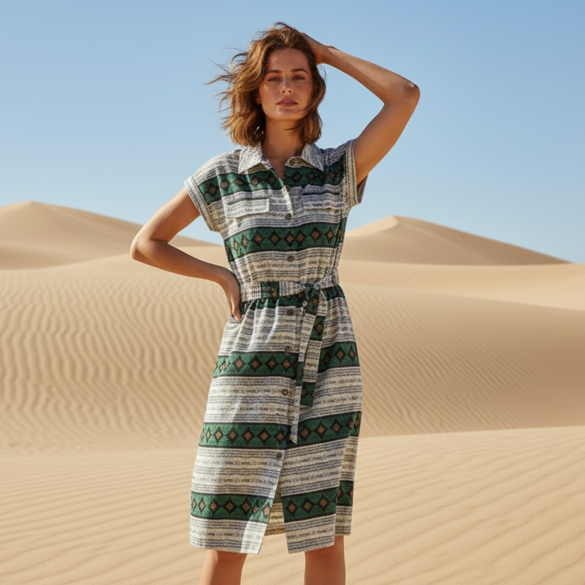 Stacie Shirt Dress - White Black Teal Aztec Stripe