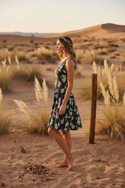 Nicki • A-Line • Sleeveless • Fit and Flare Dress • Black and White Daisy