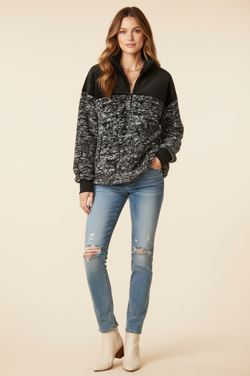 LuLaRoe Nancy Half Zip Pullover with Side Pockets • Black White Gravel Texture