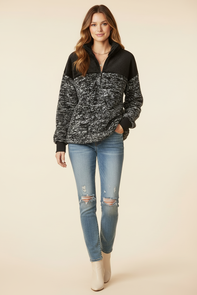 LuLaRoe Nancy Half Zip Pullover with Side Pockets • Black White Gravel Texture